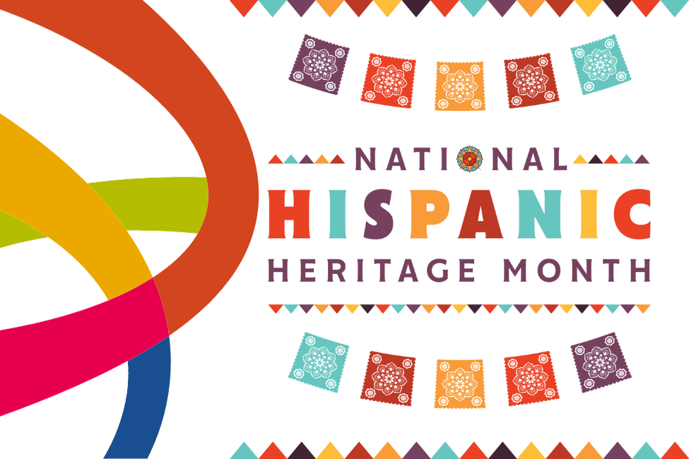 a multi-color papel pecado banner surrounds the title and dates of Hispanic Heritage Month