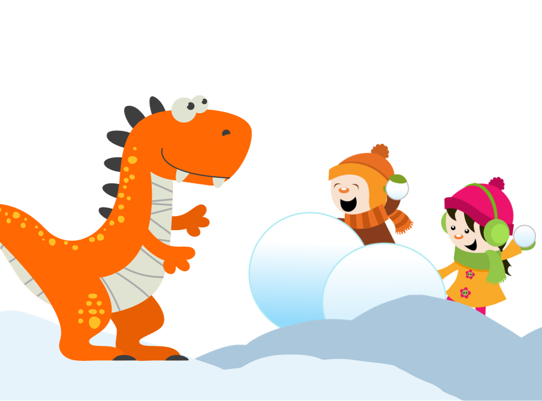 dinosaur snowball fighting with boy and girl