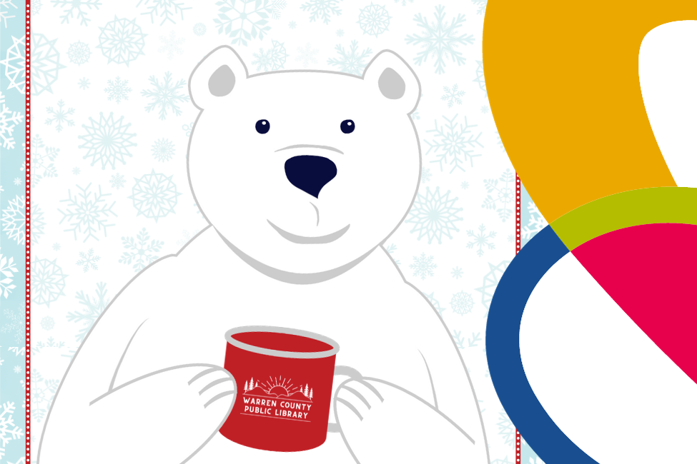 Winter Reading Program mascot Barnaby holding a red mug.