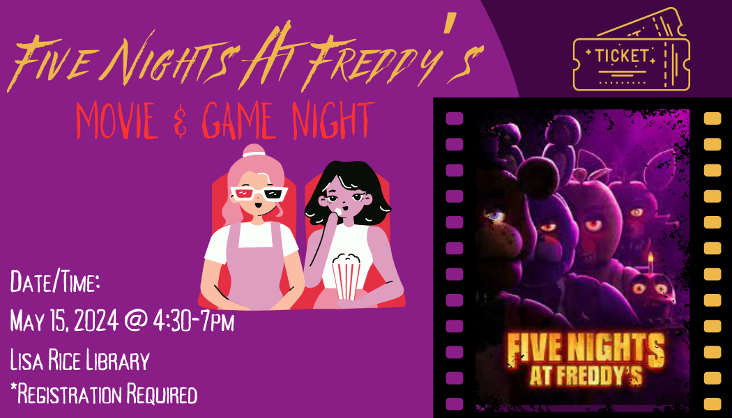 Five Nights At Freddy's movie image and two girls eating popcorn