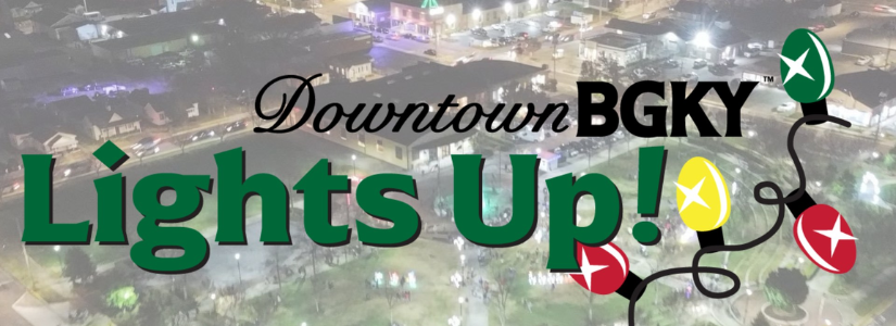 Downtown BGKY Lights Up logo with Christmas lights