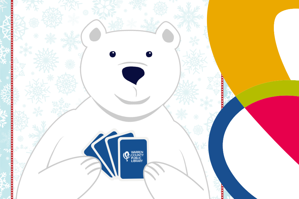 Winter Reading Program mascot, Barnaby the Polar Bear, holds a deck of cards with the WCPL logo