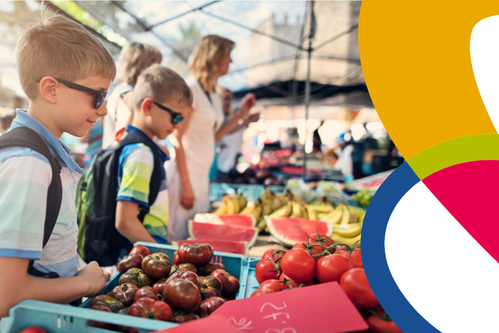 Boys with sunglasses on shopping at a farmers market with their mom