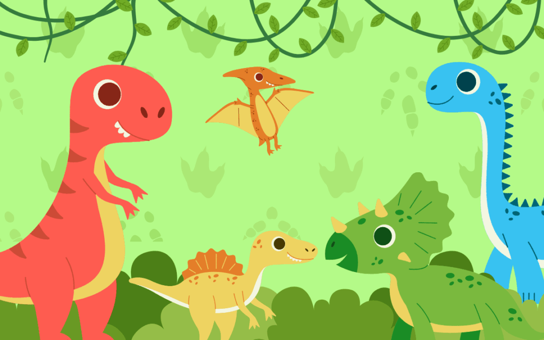 Cute, colorful cartoon dinosaurs playing