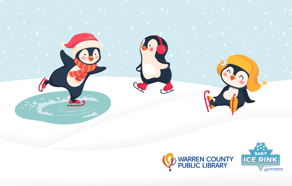 Cartoon penguins playing in the snow with the SOKY Ice Rink and WCPL logos in the foreground