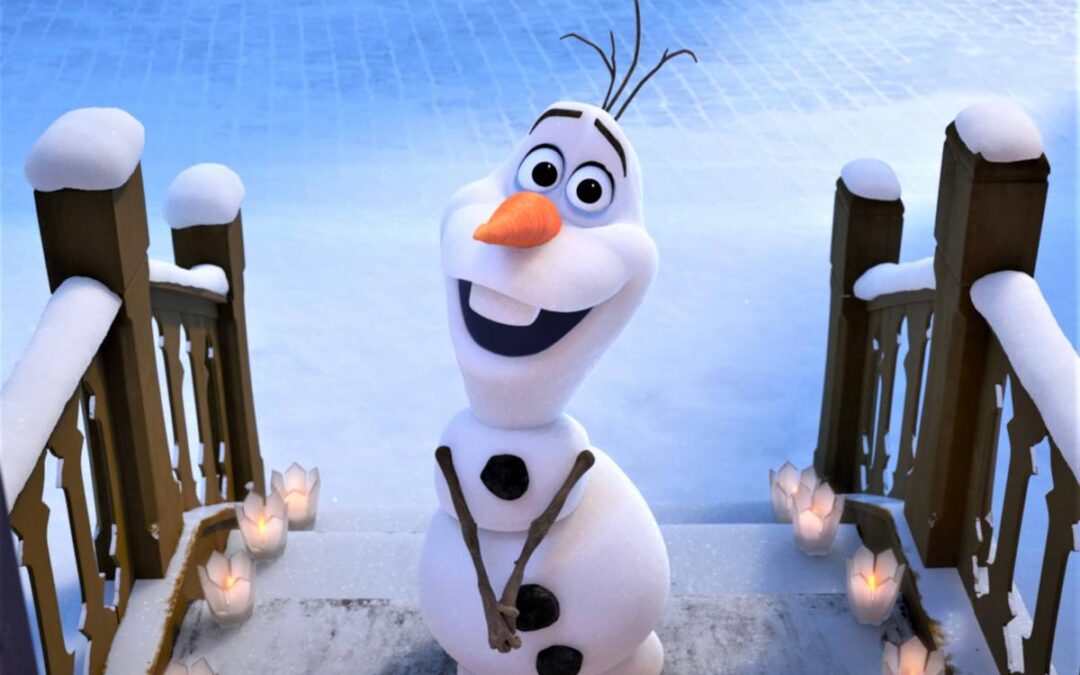 Animated Olaf standing on a snowy wooden stoop