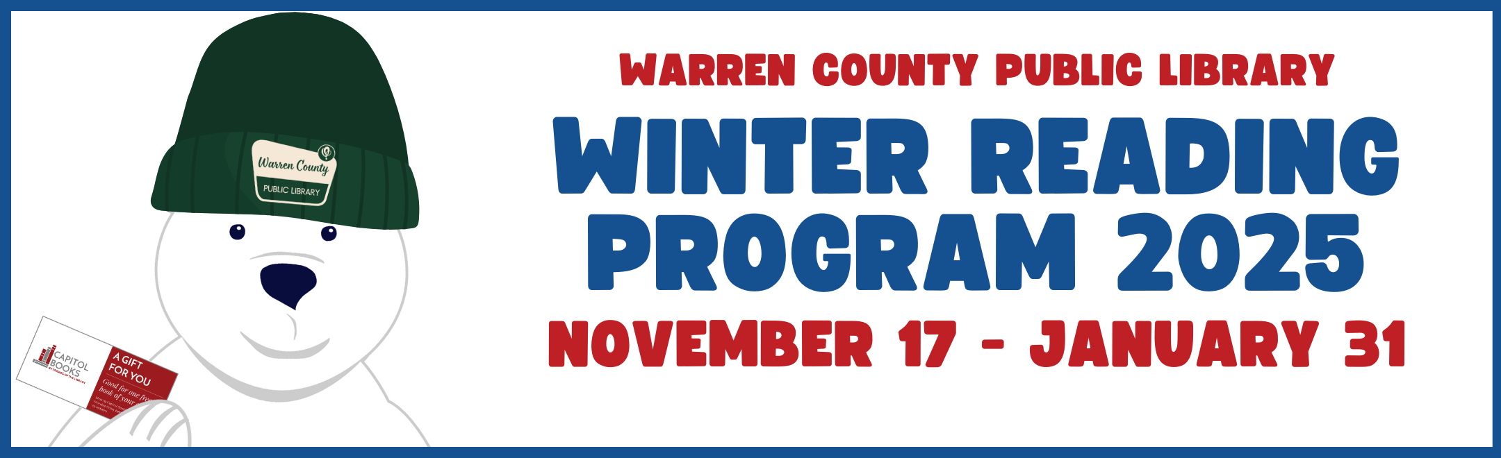 Polar Bear with green cap holding a gift certificate for a book