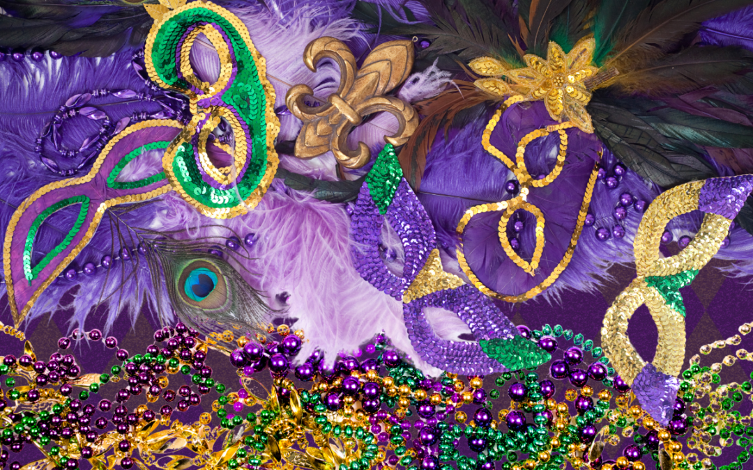 Purple and green Mardi Gras masks and beads