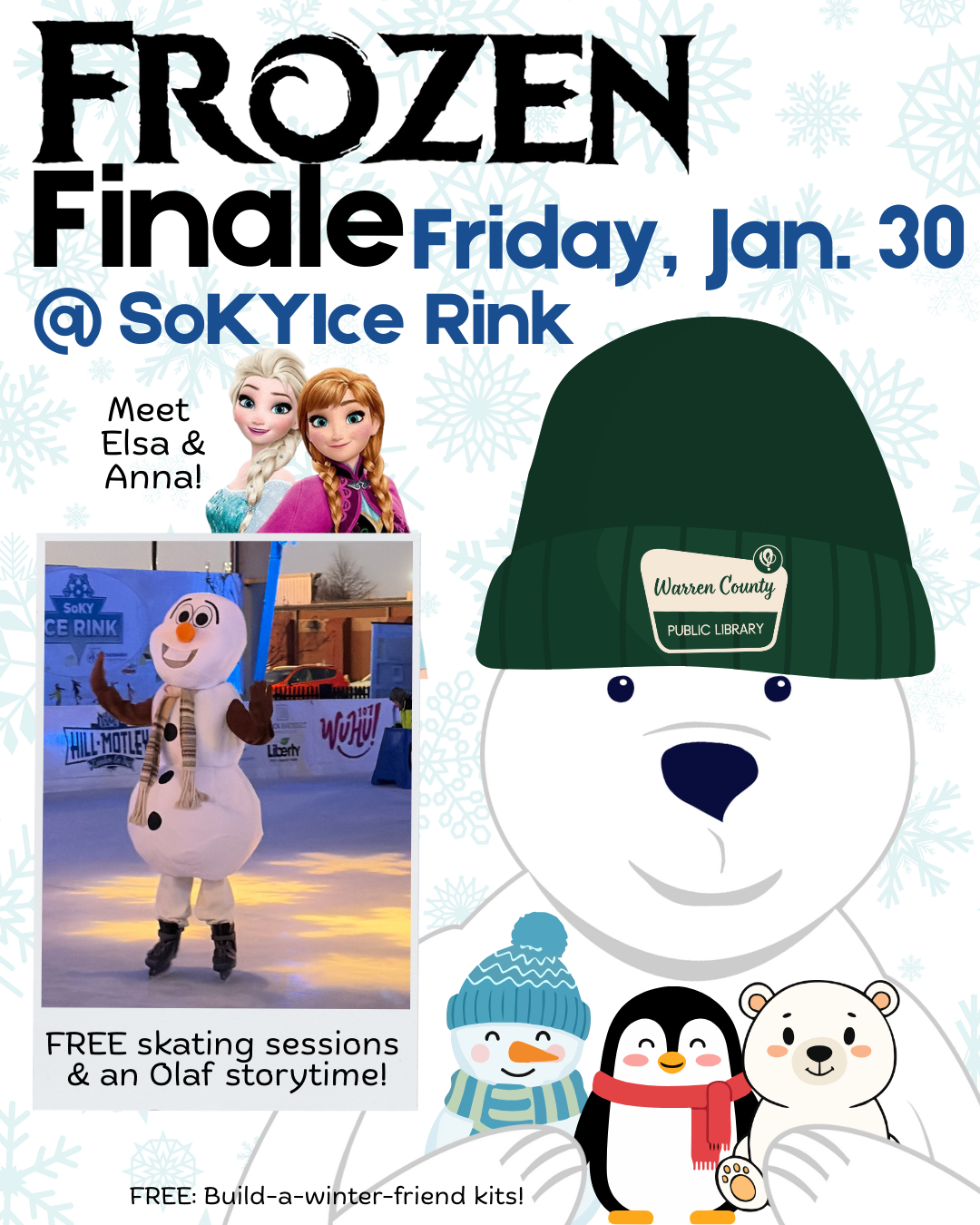 Image of Olaf, Anna, Elsa, and Barnaby holding three winte animals