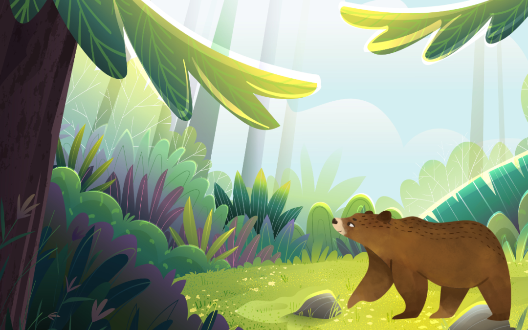 Cartoon bear wandering around a clearing in the forest.
