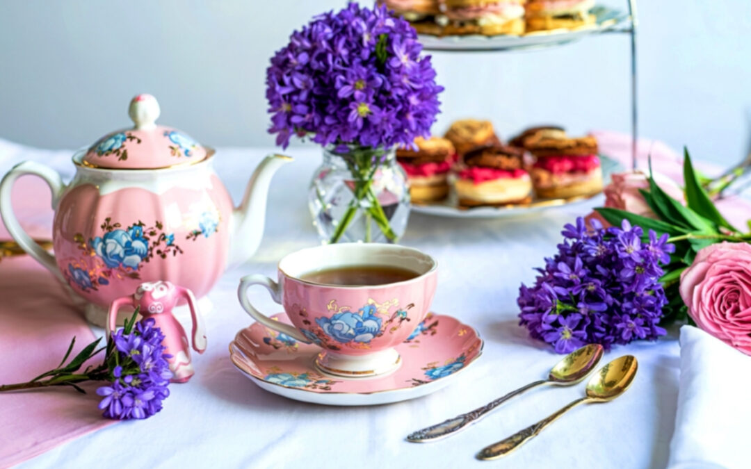 pink china and flowers atop a white table cloth