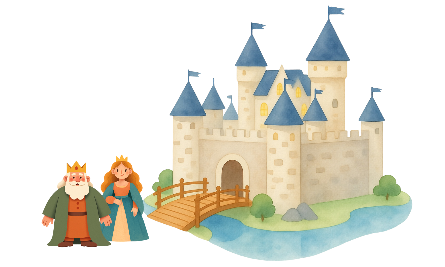 Illustration of a king and queen in front of a castle