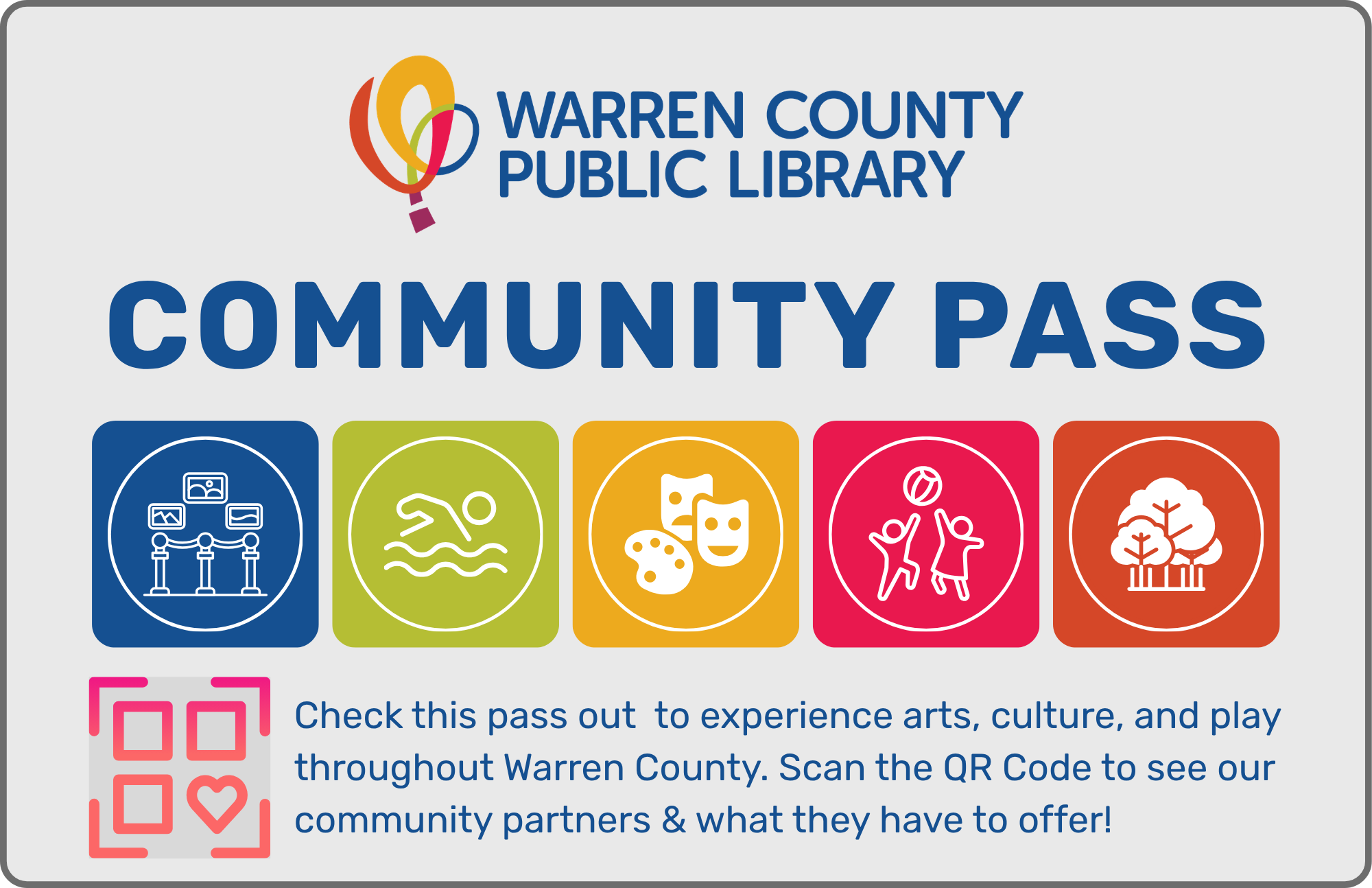 A community pass with activity icons representing the art, culture, and play opportunities folks can take advantage of when using it.