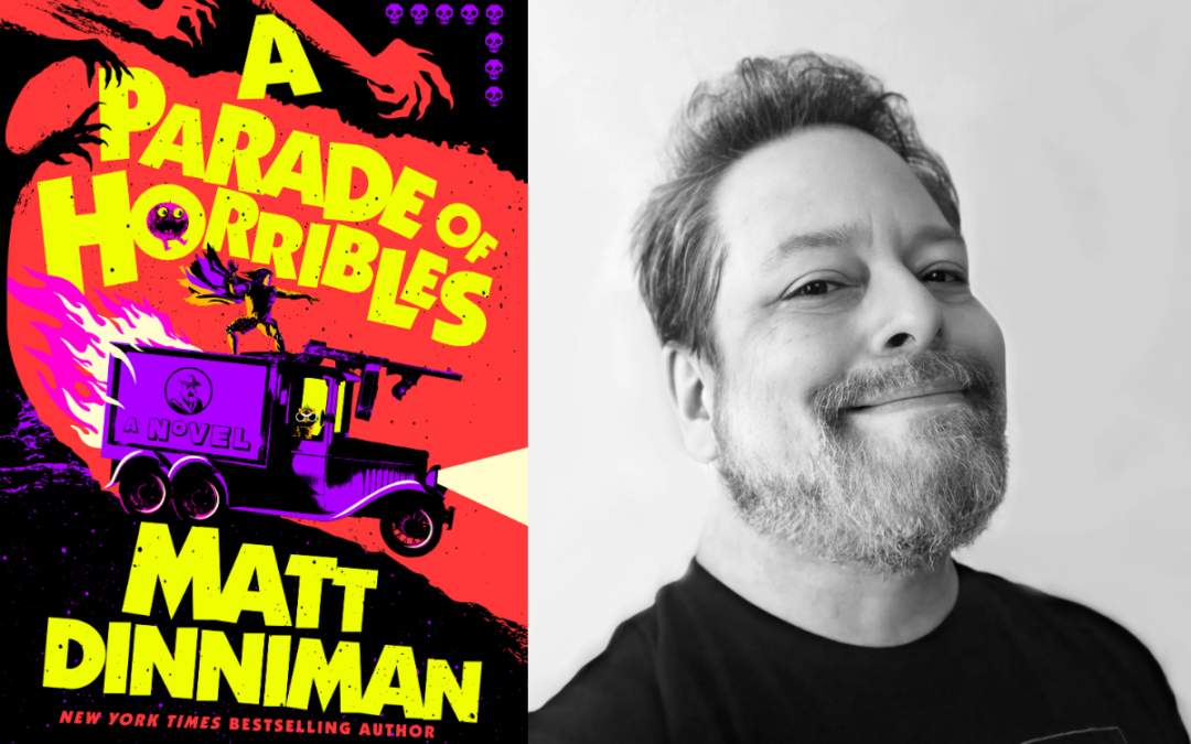 Headshot of author Matt Dinniman with cover of his new book A Parade of Horribles