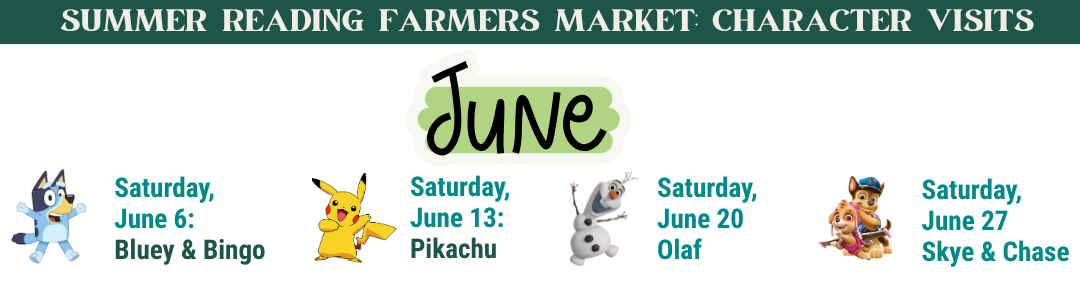 A picture of the June characters who'll be in appearance at the Summer Reading Farmers Market