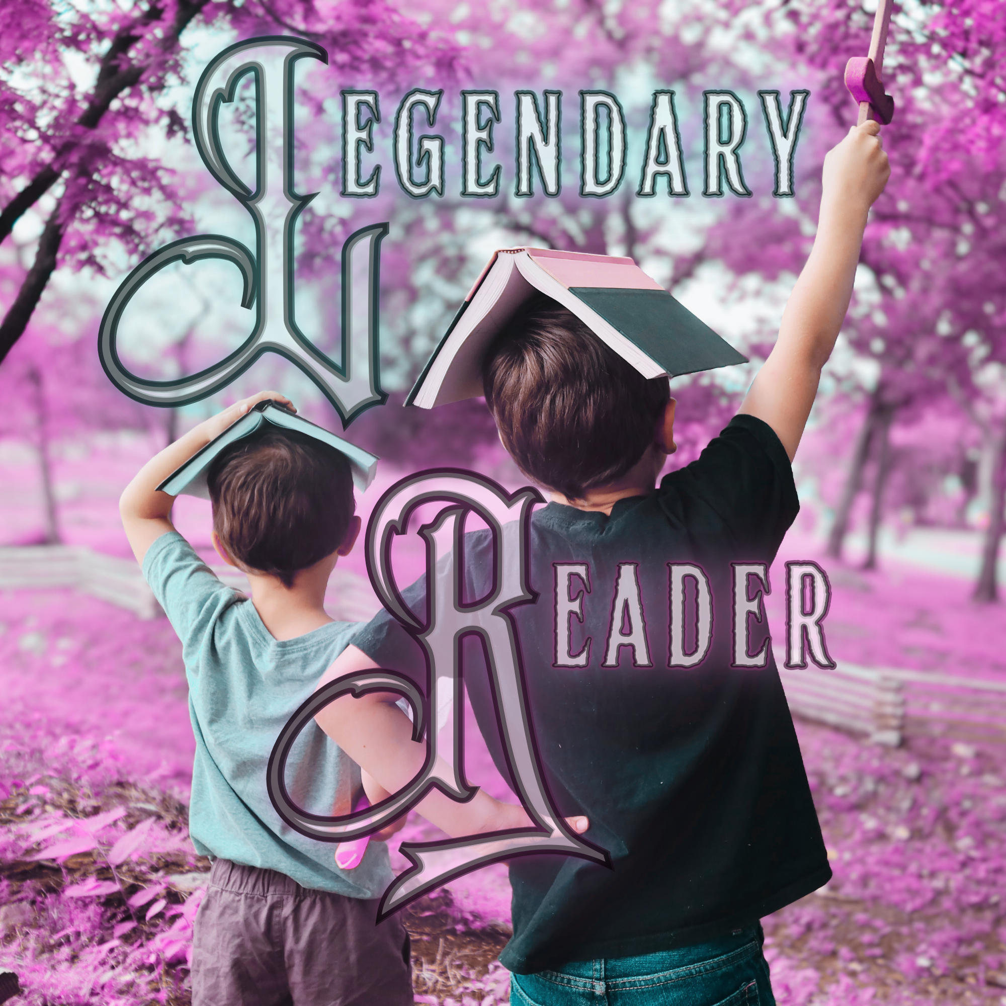 Legendary Reader song cover with two boys with books on their heads like hats, one raising a sword