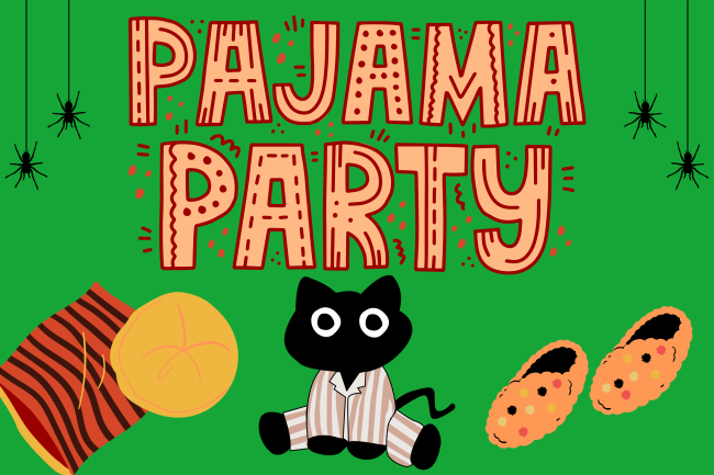 Colorful illustration of a black cat in pajamas with a sleeping bag and pillows